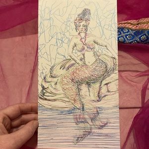 Unframed Original Art Drawing Illustration Ink & Gel Pen on Paper Mermaid By Sea